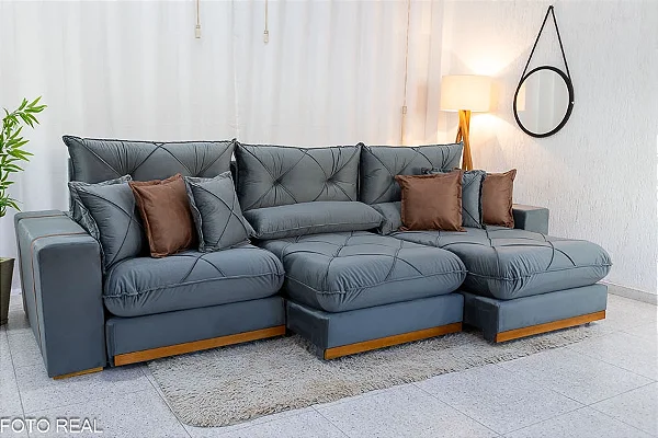 Retrátil Reclinável Gran Bello 3.20m Veludo Cinza  - Molas Ensacadas