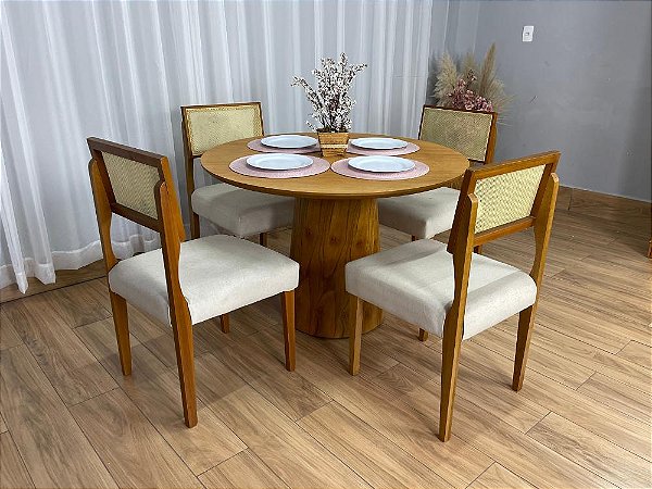 Mesa de Jantar Paris Circular 1.10×1.10 c/4 Cadeiras Grécia – Cinamomo Laminado/Bege Linho