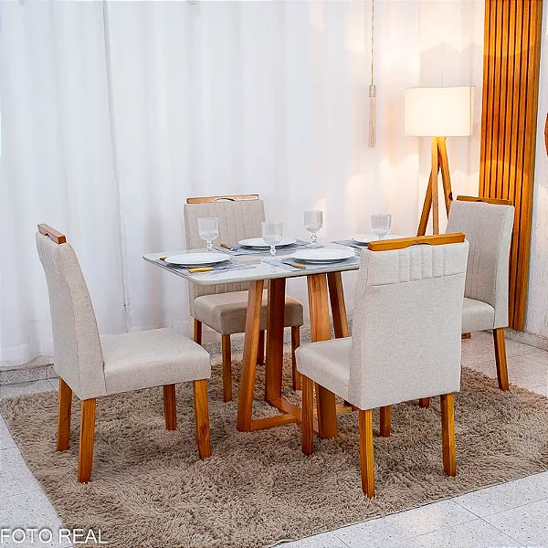 Mesa de Jantar Bali 120×80 Vidro Off/Base Madeira + 4 Cad. Atlanta Linho Bege Cru Madeira Minas Plac