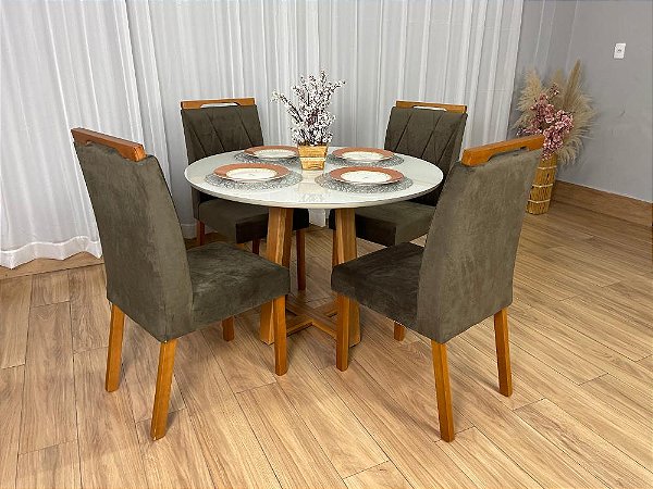 Mesa de Jantar Bali Circular 1.10×1.10 Vidro c/4 Cadeiras Isa em Veludo - Minas Plac/Ouro Decor