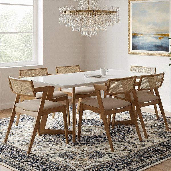 Mesa Miami 160 Canela/Off White com 6 Cadeiras Zeus Canela/Linho Bege