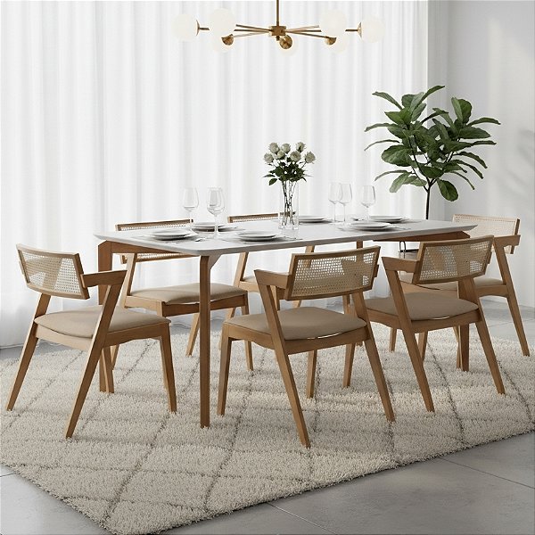 Mesa Roma 160 Canela/Off White com 6 Cadeiras Zeus Canela/Linho Bege