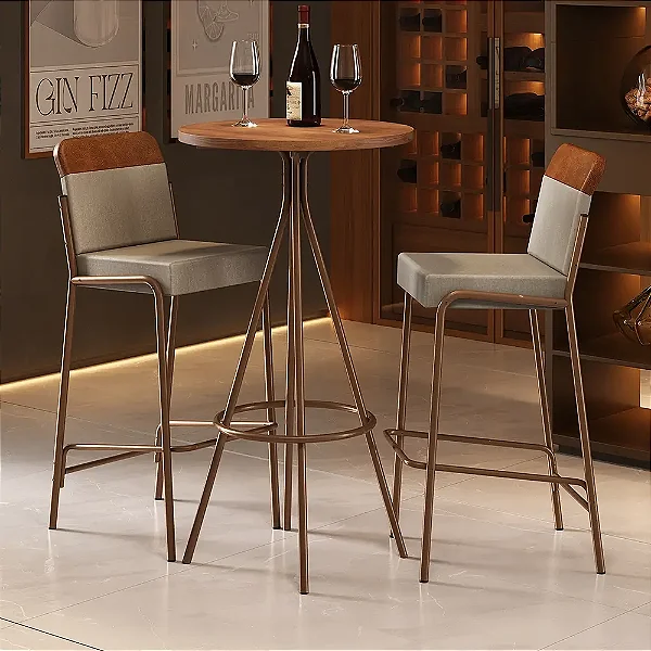 Mesa Bistro 1575 com 2 Banquetas 1753 Redonda em Aço e Tampo Madeirado Carraro