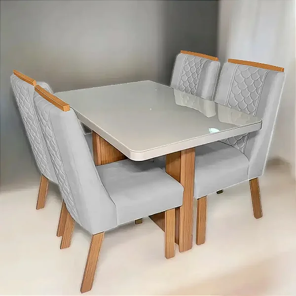 Mesa de Jantar Dora Vidro120x80cm com 4 Cadeiras Dora Tecido Veludo Valdemóveis