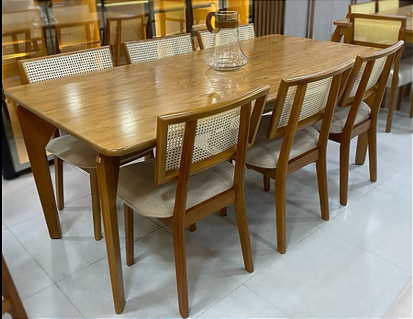 Mesa Texas 200x100 Tampo MDF/Sem Vidro Cinamomo c 6 Cadeiras Madeira Lívia Enc. Palhinha Linho