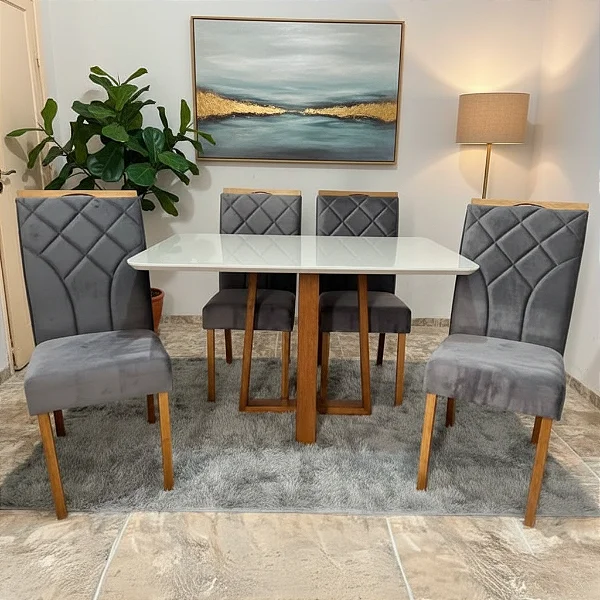 Mesa Pedro 120x80 Vidro Off White com 04 Cadeiras Stella em Veludo