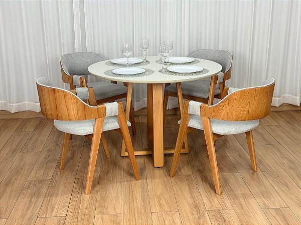 Mesa de Jantar Bali Circular Vidro 1.10×1.10m c/4 Cadeiras Pérola