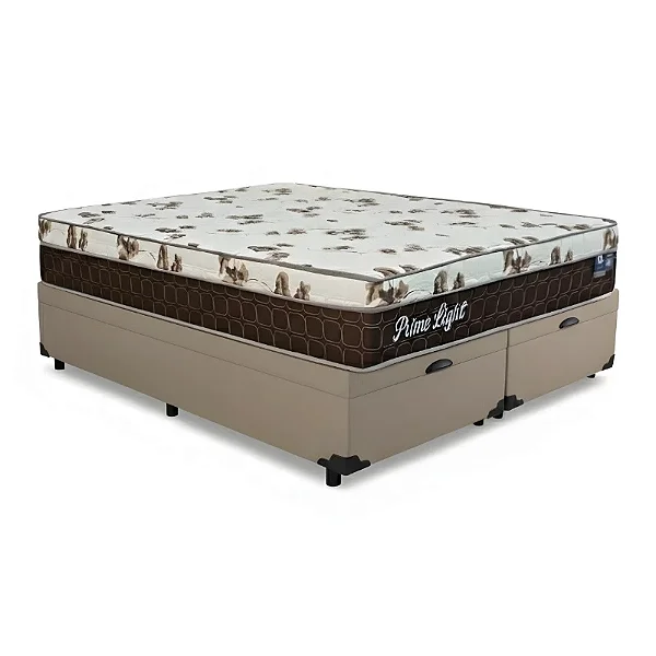 Box Baú Queen Bipartido Eli Milão Korino Bege Nature + Colchão Queen Prime Light Marrom 158x198x72 Molas Ensacadas Orthoprime | Suporta até 240kg