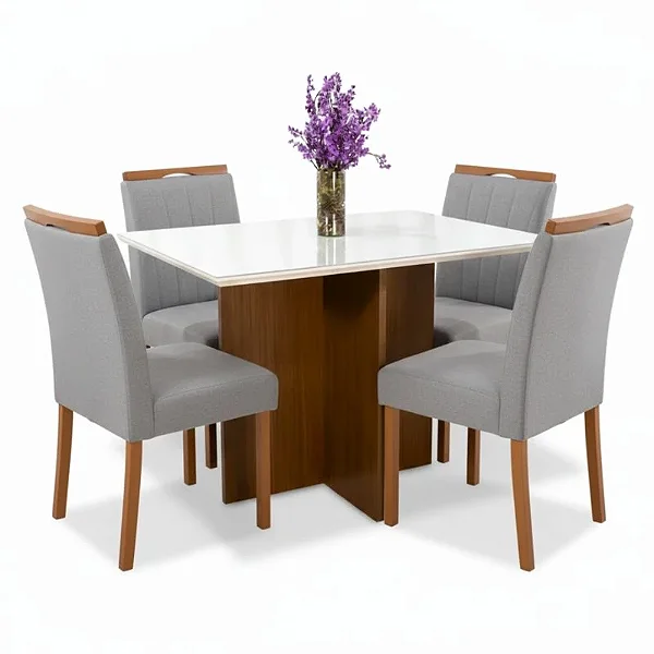 Mesa de Jantar Helo 120×90 Vidro Off/Base Mel Poliman com 4 Cadeiras Isabela Linho Madeira Maciça
