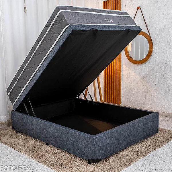 Box Baú Casal Prime Confort Korino Linho Petróleo Blindado - Issacar + Colchão Casal Essential 138x188x75 Molas Ensacadas Pocket - Inovaflex | Suporta até 250kg