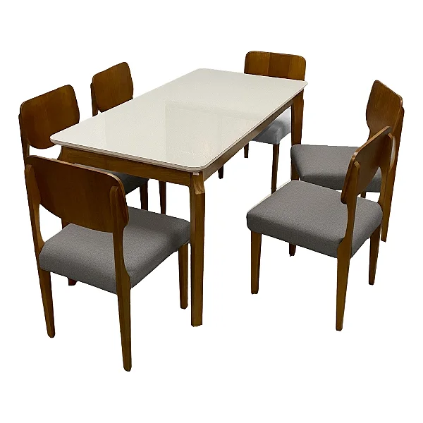 Mesa de Jantar Alegra 160x80cm com Vidro e 6 Cadeiras Barcelona em Linho Cinza Madeira Jcm