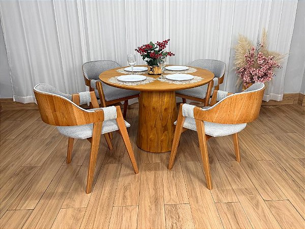 Mesa de Jantar Paris Circular 1.10×1.10 c/4 Cadeiras Pérola – Cinamomo Laminado/Cinza Linho