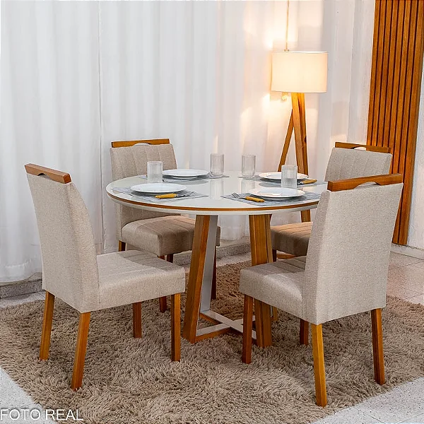 Mesa de Jantar Atlanta Redonda 120cm /Base Madeira - Minas Plac + 4 Cad. Isabela Linho Bege 01 Madeira KM Decor