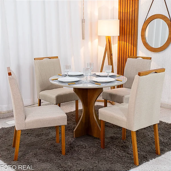 Mesa de Jantar Siena Redonda 100cm Vidro Off/Base Cinamomo - Minas Plac + 4 Cad. Isabela