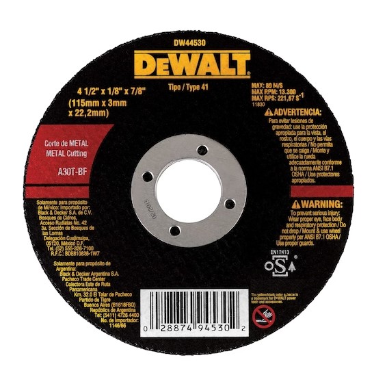 Disco de Corte Metal - 4 1/2" X 3,0mm X 7/8'' - DEWALT