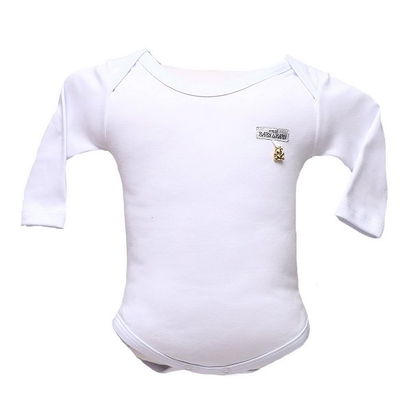 Body para Bebê Básico Manga Longa Liso 100% Algodão com Pingente Folhado a Ouro - Branco - Baby Baby