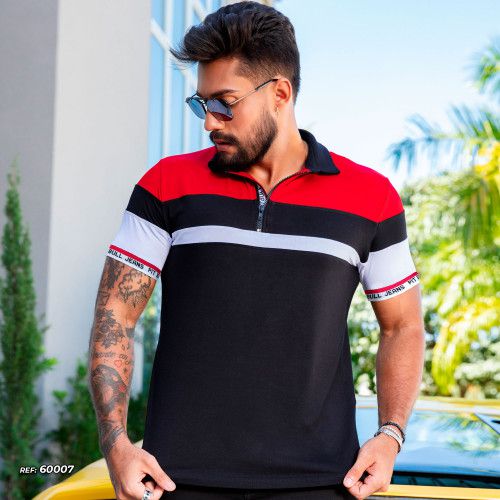 Camiseta polo color block com zíper