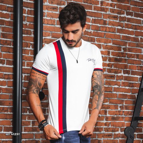 Camiseta masculina gola O com recortes verticais