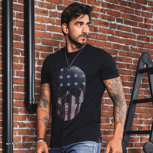 Camiseta masculina caveira rock preta