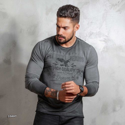 Camiseta gola O stonada manga longa