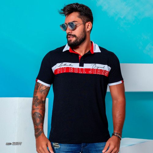 Camiseta polo masculina preta com recortes
