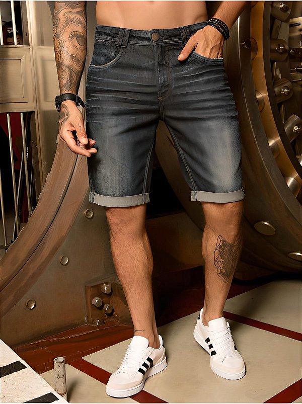 Bermuda jeans masculina com barra dobrada total conforto - Recortes