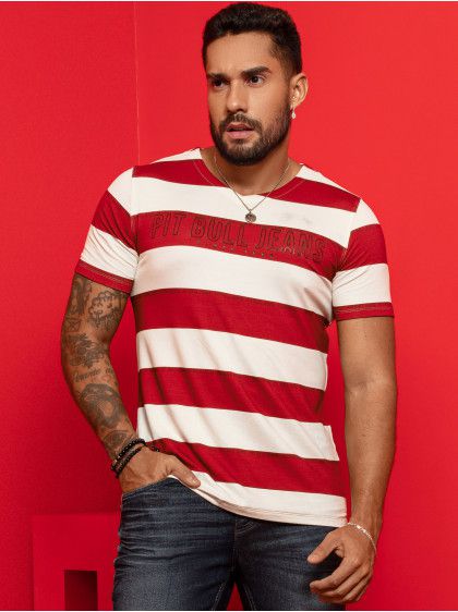 Camiseta Masculina Listrada com Gola V Total Conforto