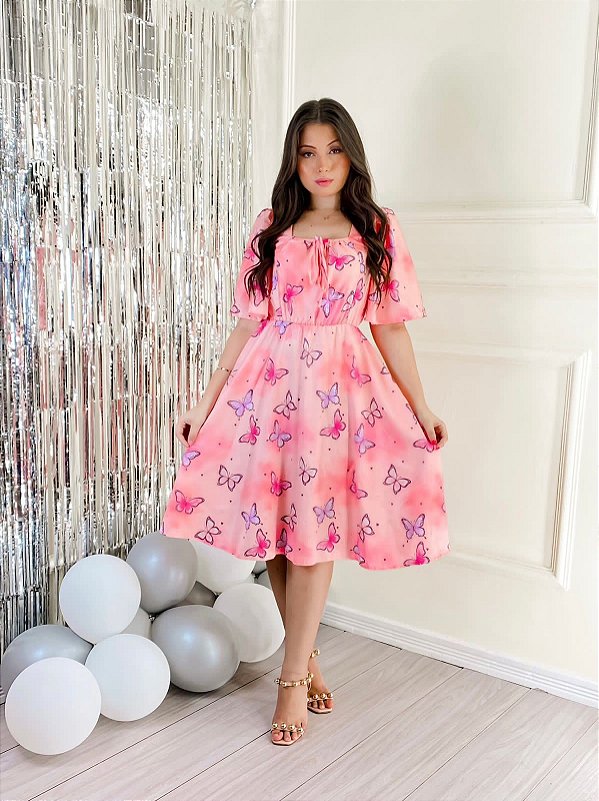vestido rodado com borboletas