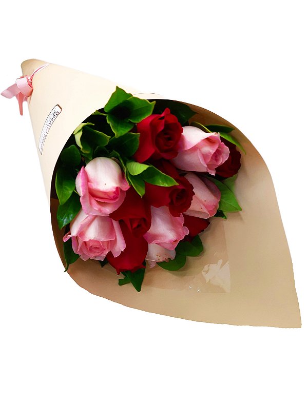 Cone de rosas vermelhas e cor de rosa