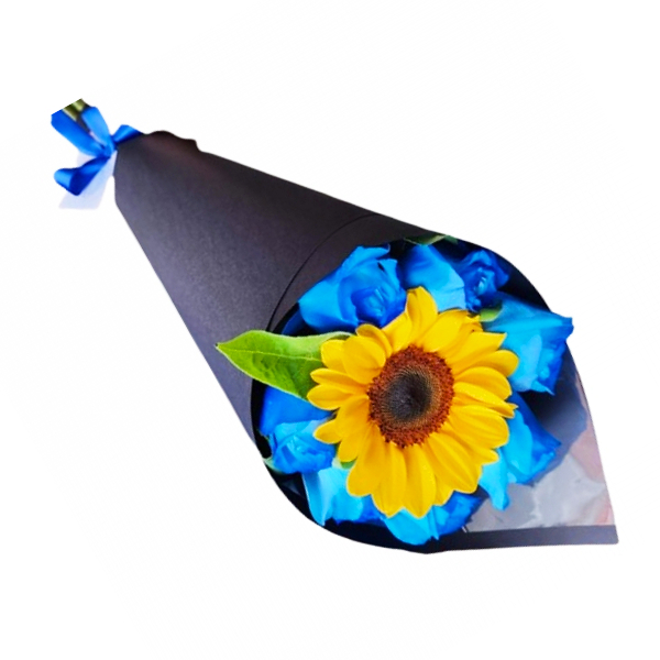 Cone de Rosas Azuis com Girassol