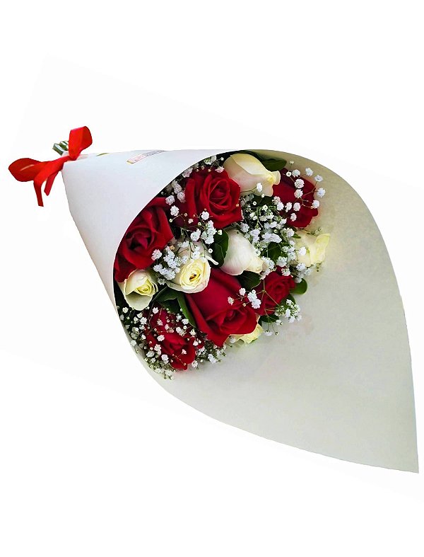 Cone de rosas vermelhas e brancas