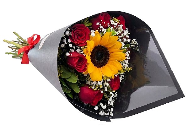 Buquê no cone de rosas e girassol