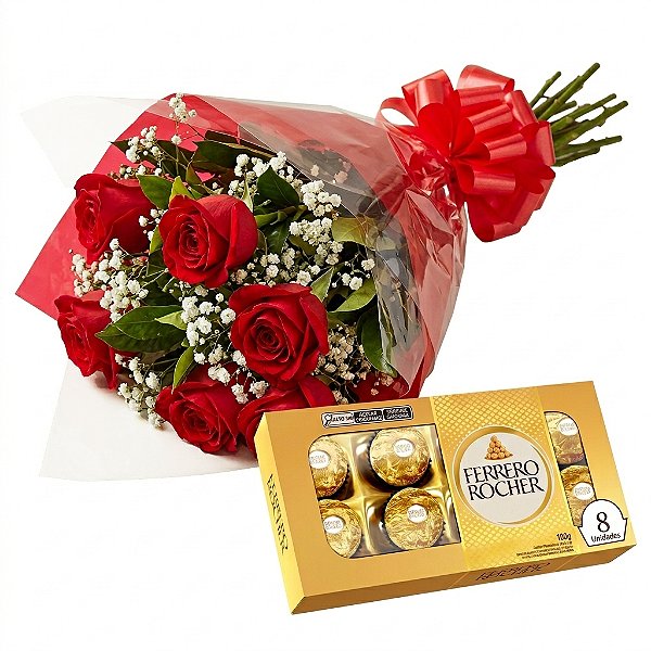 Buquê de 6 Rosas e Ferrero Rocher