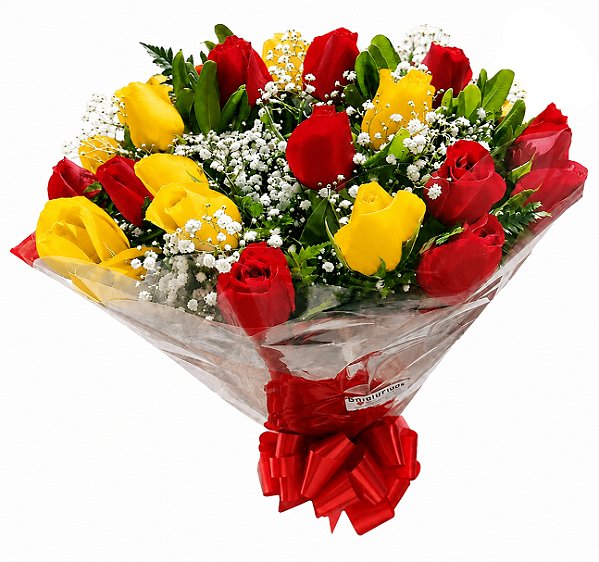 Buquê de 18 rosas vermelhas e amarelas