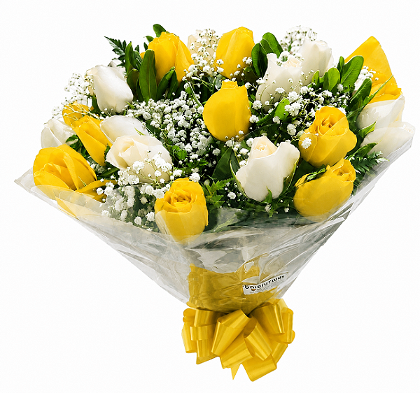 Buquê de 18 rosas brancas e amarelas