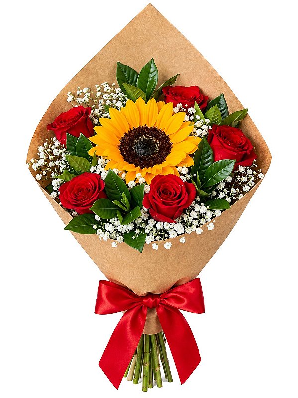Cone de Rosas com Girassol no Kraft