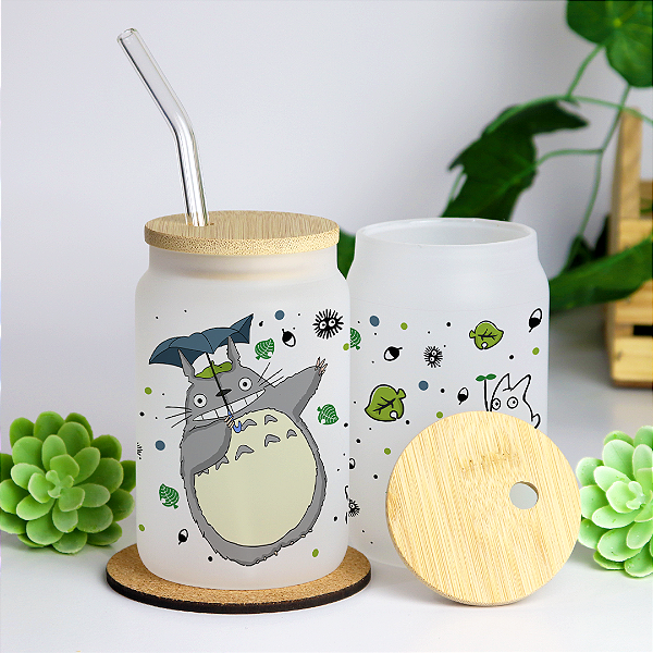 Copo Totoro Studio Ghibli com Tampa de Bambu e Canudo de Vidro