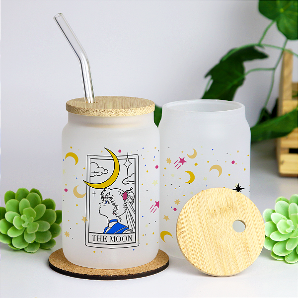 Copo Sailor Moon com Tampa de Bambu e Canudo de Vidro