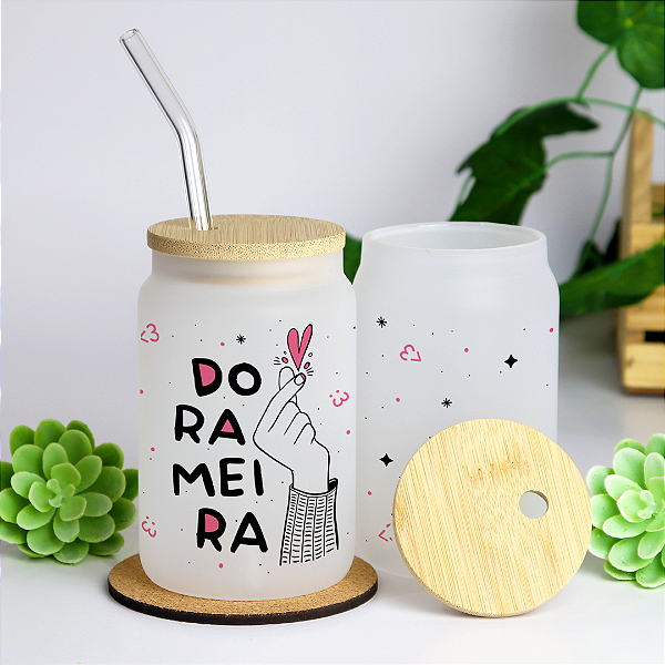 Copo Dorameira com Tampa de Bambu e Canudo de Vidro