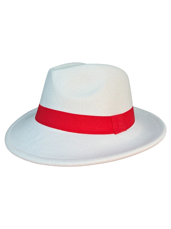 CHAPÉU DE VELUDO BRANCO FITA VERMELHA