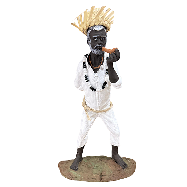 IMAGEM EM RESINA PRETO VELHO EM PÉ COM GUIA E CHAPÉU