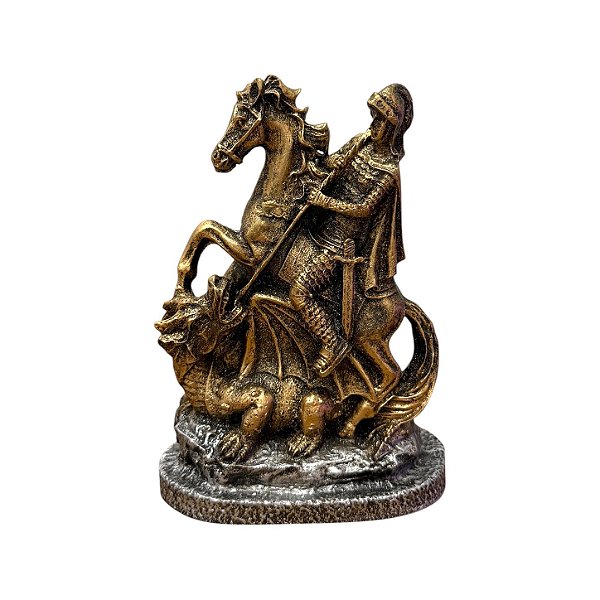 SÃO JORGE DOURADO EM RESINA BASE PRATEADA 14 CM