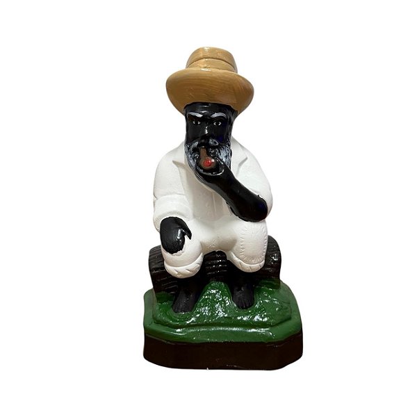 IMAGEM EM GESSO PRETO VELHO SENTADO 15CM