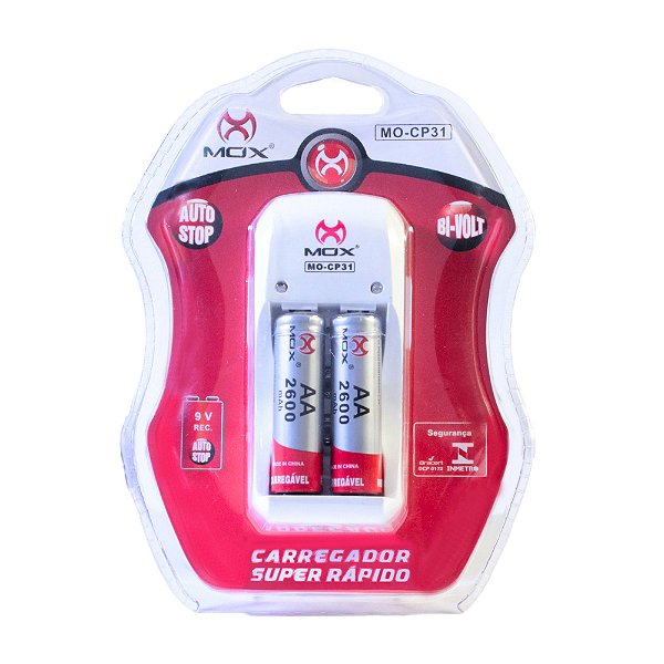Carreg.MO-CP31 c/2 Pilhas AA Bi-Volt - Auto Stop p/ pilhas e 9V