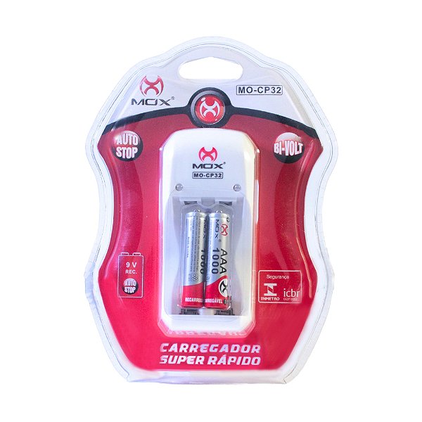 Carreg.MO-CP32 c/2 Pilhas AAA Bi-Volt - Auto Stop p/ pilhas e 9V