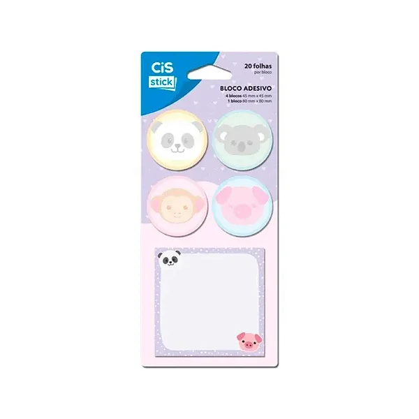 Bloco Adesivo - 5 Blocos Com 20 Folhas Cis Stick Bichinhos