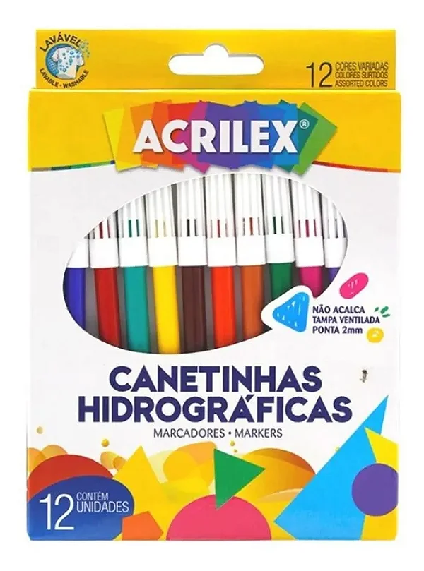 Canetinha Hidrográfica Acrilex Grande – Cores Vivas e Traço Suave - 12 Cores