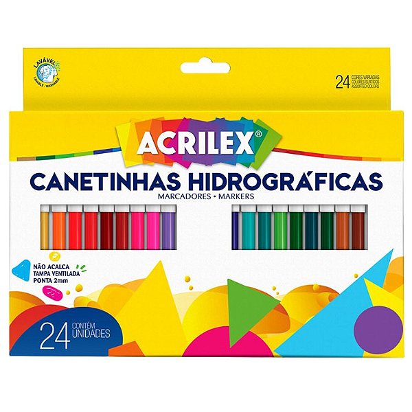 Canetinha Hidrográfica Acrilex Grande – Cores Vivas e Traço Suave - 24 Cores