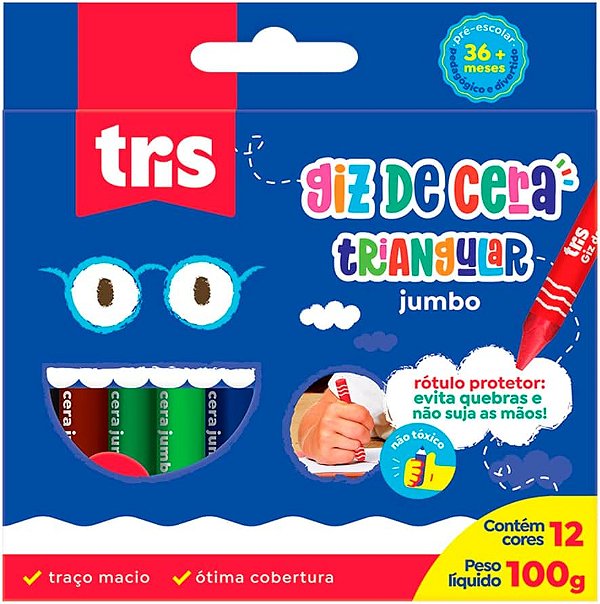 Giz de Cera Jumbo com 12 Cores – Macio, Colorido e Ideal para Crianças - TRIS