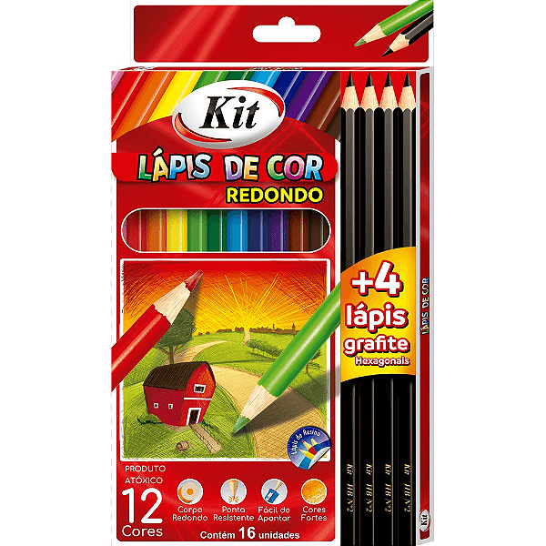 Lápis de Cor Inteiro 12 Cores KIT com 4 Lápis